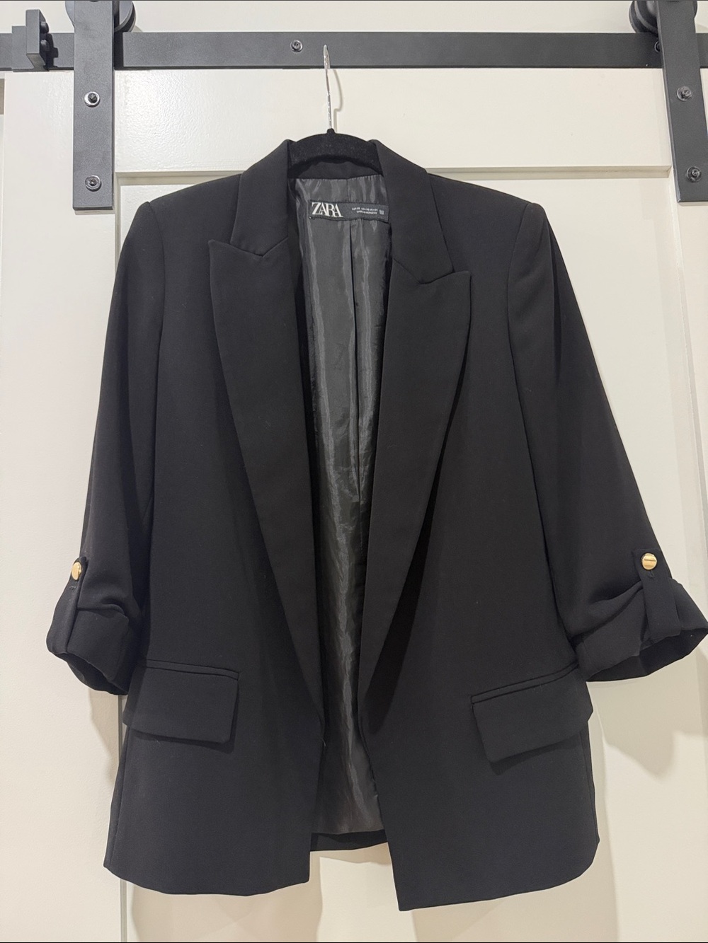 ZARA Black Rolled-Sleeve Open Blazer with Gold Buttons